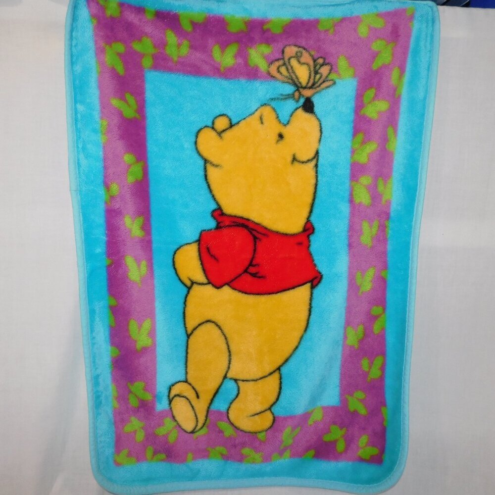 VTG Disney Winnie the Pooh Butterfly Blue Purple Plush Fleece Blanket 31" x 43"